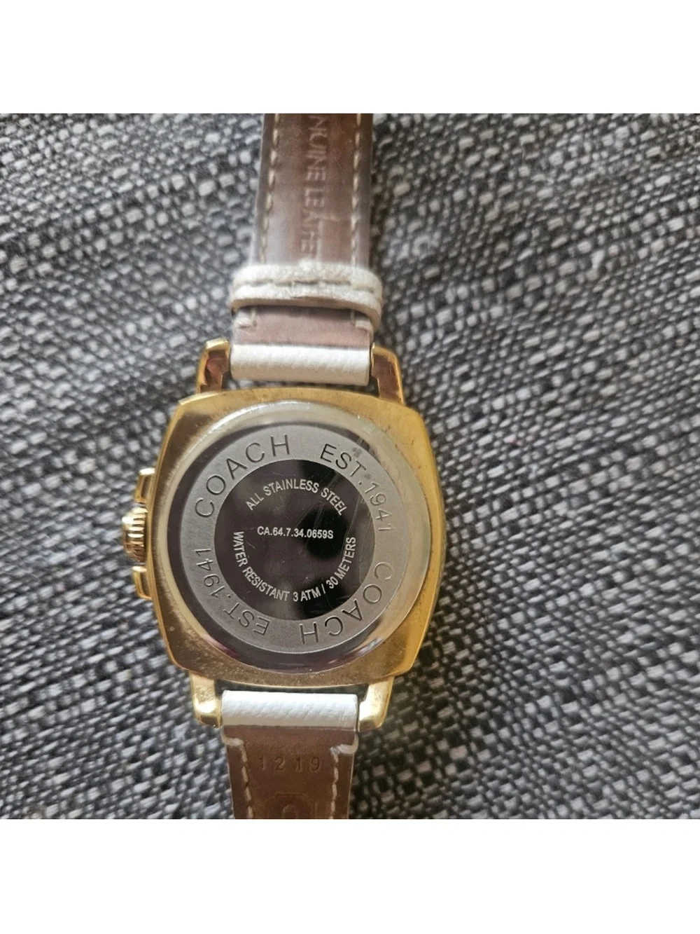 Coach Gold-Tone Crystal Bezel Watch with White Strap